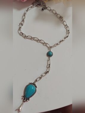 Turquoise Teardrop Silver Chain Lariat Necklace